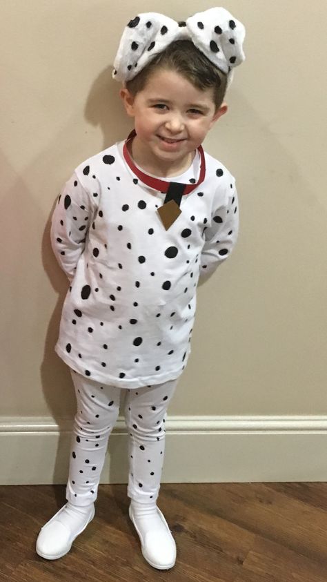 Dalmatian costume, Halloween, fancy dress, worldbook day, dog costume, diy fancy dress, homemade. Dalmatian Costume Diy, Diy Dalmatian Costume, Dalmatian Dog Costume, Dog Costumes For Kids, Dalmation Costume, Dalmatian Costume, Puppy Diy, Diy Dog Costumes, Puppy Dress