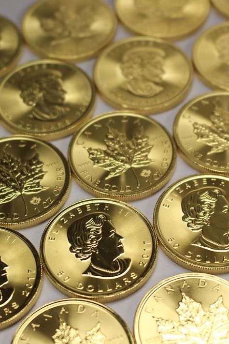 The Royal Canadian Mint introduced the gold Maple Leaf coin in 1979, seven years before the US Mint began minting US Mint coins, like the American Eagle. Gold Bullion Coins, Canadian Coins, Canadian Maple Leaf, Buy Gold And Silver, Mint Coins, Rare Coins Worth Money, Gold Money, Royal Mint, Gold And Silver Coins