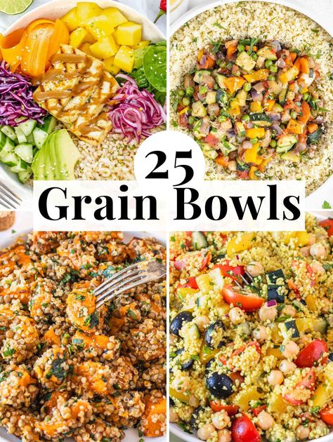 25 Wholesome and Colorful Grain Bowl Recipes Healthy Bowl Lunch, Whole Grains Recipes, Healthy Sweet Potato Bowl Recipes, Nourishing Bowl Recipes, Dressing For Grain Bowls, Grain And Bean Bowls, Recipes With Whole Grains, Grain Recipes Healthy, Birria Bowls