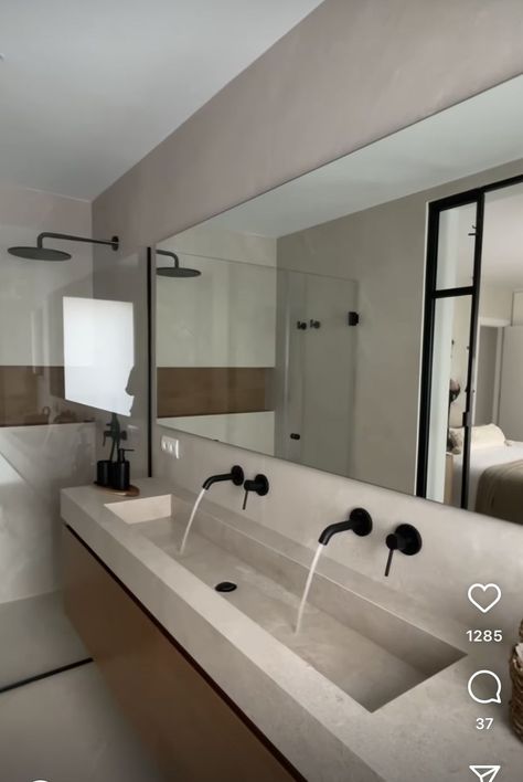 Built In Bathroom Sink, Trough Bathroom Sink Ideas, Toilet Room Lighting, Big Bathroom Sink, Bathroom Gold Fixtures, Bathroom Light Fixture Makeover, Gold Bathroom Lights, Bathroom Concrete Floor, Redo Bathroom