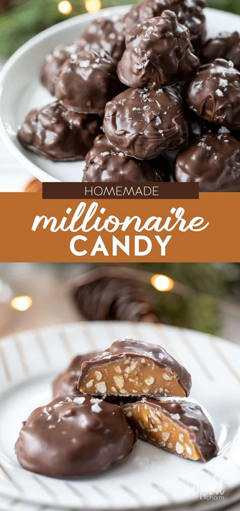 Unwrap the secret to perfect holiday candy with this Millionaire Candy recipe! Classic caramel gets a nutty twist with toasted pecans and is elegantly draped in smooth milk chocolate. A must-try homemade treat for all your festive gatherings and gift-giving needs. Taste Of Home Candy Recipes, Million Dollar Candy, Candy Recipes Homemade Christmas, Magic Candy Recipe, Nut Candy Recipes, Easy Chocolate Candy, Carmel Recipe Candies, Xmas Chocolate Ideas, Chocolate Candies Homemade