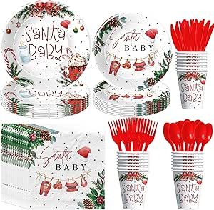 HIPVVILD Christmas Baby Shower Decorations Tableware, Santa Baby Shower Decorations, Paper Plate, Cup, Napkin, Disposable Cutlery, Xmas Holiday Theme Merry Little Baby Shower Party Supplies, Serves 24 Christmas Theme Baby Shower Ideas Girl, Santa Baby Shower Theme, Candy Cane Baby Shower Theme, Baby Shower Christmas Theme, Santa Baby Shower Ideas, Xmas Baby Shower Theme, A Merry Little Baby Shower Theme, Santa Baby Baby Shower Theme Pink, Christmas Baby Shower Theme