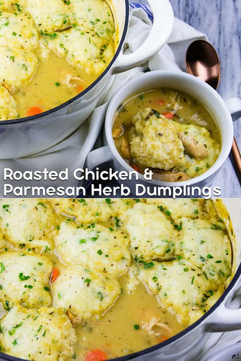 The most intensely flavored chicken and dumplings recipe ever. Richly enhanced with simple shortcuts to maximize flavor and reduce time. Fluffy cheesy herb dumplings float on top of this perfect soup. You will fall in love with this hug in a bowl. | #carnaldish #chickenanddumplings #dumplings #roastedchicken #roastedchickenanddumplings #fallsoups #stews #southernclassics #sundaydinner #comfortfood via @carnaldish Chicken And Herb Dumplings, Roasted Chicken And Dumplings, Chef Resha, Parmesan Dumplings, Herb Dumplings Recipe, Herbed Dumplings, Flavored Chicken, Chicken Dumplings Recipe, Chicken And Dumplings Recipe