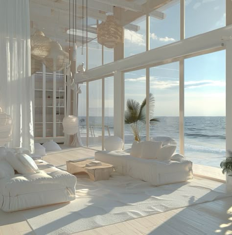 Full White House Interior, Loft Beach House, Modern White Beach House, White House Interior Modern, Malibu Beach House Interiors, Beige White Interior, Dream House White, Costal Country, House Lounge Room