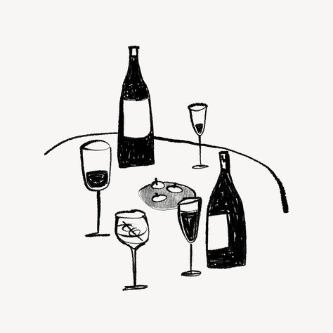 Wine, champagne glasses, drinks doodle | premium image by rawpixel.com / Techi Drinks Doodle, Bottle Doodle, Wine Bottle Illustration, Wine Glass Illustration, Wine Glass Drawing, Wine Illustration, Wine Logo, Butterworth, Wine Party