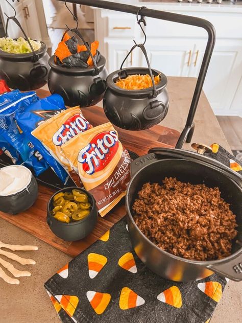 Halloween Walking Taco Bar Trick Or Treat Night Food, Taco Bar Party Halloween, Fall Taco Bar Party, Taco Bar For Halloween Party, Halloween Party Chili Bar, Halloween Camping Food Ideas, Halloween Soup Bar, Pre Trick Or Treat Dinner, Work Halloween Potluck Ideas