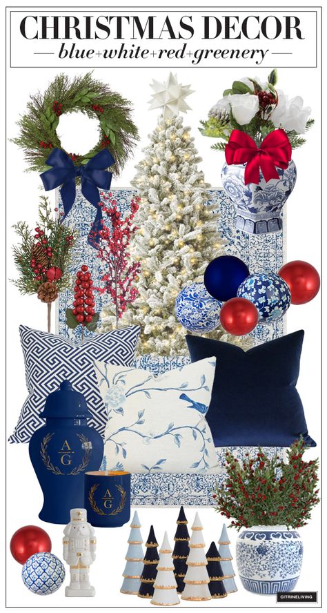 Blue Red White Christmas Tree, Red White Blue Christmas Decor, Blue Beach Christmas Decor, Navy Couch Christmas Decor, Christmas Decor Ideas Blue And Red, Christmas Decor Screened Porch, Navy Red Christmas Decor, Dusty Blue And Red Christmas, Charleston Christmas Decor