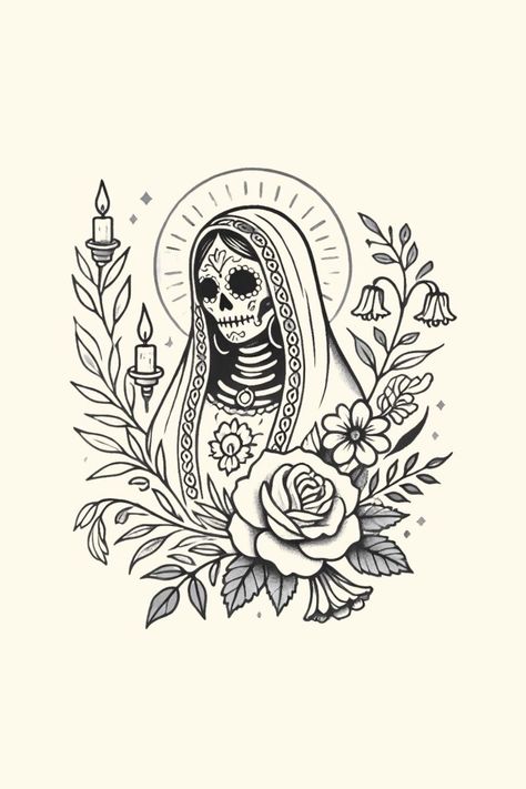 Santa Muerte Tattoo, Sugar Skull Art Drawing, Mexican Graphic Design, Gothic Tattoos, Traditional Tattoo Inspiration, Mexican Art Tattoos, Quality Tattoo, Skull Art Drawing, Traditional Tattoo Art