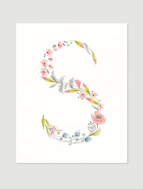 Letter S flower giclee print watercolor painting, peach color, initial monogram illustration kids wa Teal Art, Illustration Kids, Floral Initial, Mural Ideas, Watercolor Lettering, Spring Prints, Initial Monogram, Flower Letters, 수채화 그림