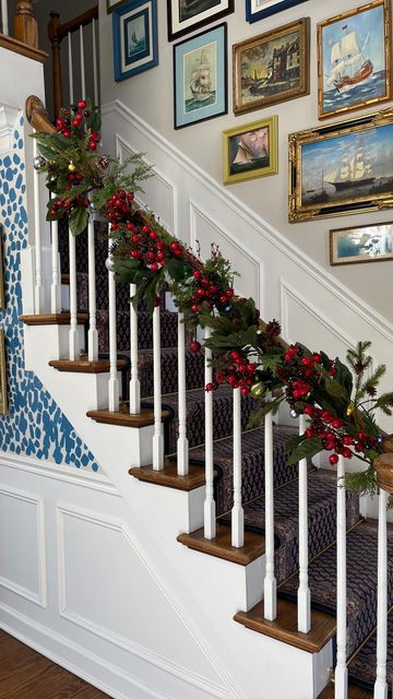 Interior Design | Home Decor | Brand Ambassador📍 Inverness, IL on Instagram: "Who is ready for Christmas?!?! Normally I would use a super long garland on the staircase railing. BUT this year I wanted to mix it up a bit and try these beautiful faux pomegranate branches from @walmart Check stories for link!" Faux Pomegranate, Christmas Railing, Staircase Christmas Decor Railings, Christmas Banister, Christmas Extravaganza, Traditional Eclectic, Styling Home, Staircase Railing, College House