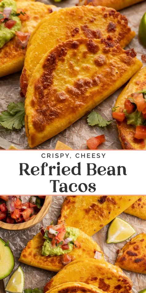 These crispy pan-fried tortillas are stuffed with melty cheese and refried beans. Made with only four ingredients you probably already have on hand, these vegetarian tacos are so easy to throw together, and the whole family will love them. Get creative with your favorite toppings and throw this easy Mexican recipe into the rotation! Soft Taco Recipe, Refried Bean Tacos, Refried Bean, Fried Tortillas, Mexican Recipe, Bean Tacos, Vegetarian Tacos, Taco Recipe, Tacos And Burritos