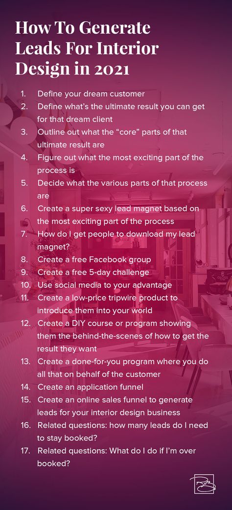 How can you generate leads for your interior design business? Lead generation is the life-blood of any sustainable business. And having a solid, reliable, and proven plan is essential to the process. So if you’re looking for the answer to the question “how to generate leads for interior design”, then you’re in the right place. How To Become An Interior Designer, Interior Design Business Plan, Interior Design Career, Entrepreneurship Tips, Interior Design Plan, Generate Leads, Design Career, Interior Design Business, Dream Client