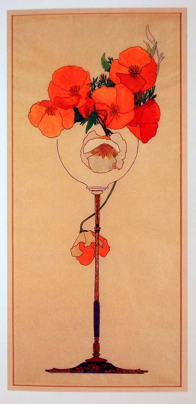 Poppies in a Tall Goblet | Gouache, Gold Leaf, Ink, on Paper… | Flickr Fiori Art Deco, Fleurs Art Nouveau, Art Deco Flowers, Motifs Art Nouveau, Art Nouveau Flowers, Art Nouveau Poster, Deco Poster, Tattoo Illustration, Art Deco Posters