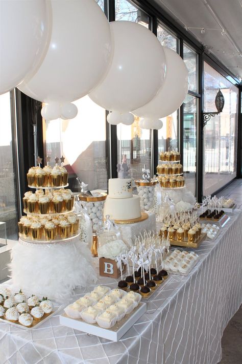 Classy Table Decorations, Bridal Shower Ideas White And Gold, Table Dessert Ideas, White And Gold Food Display, Cloud Nine Dessert Table, Baby Shower White Theme, White And Gold Wedding Dessert Table, Golden Dessert Table, Dessert Table Baby Shower Ideas