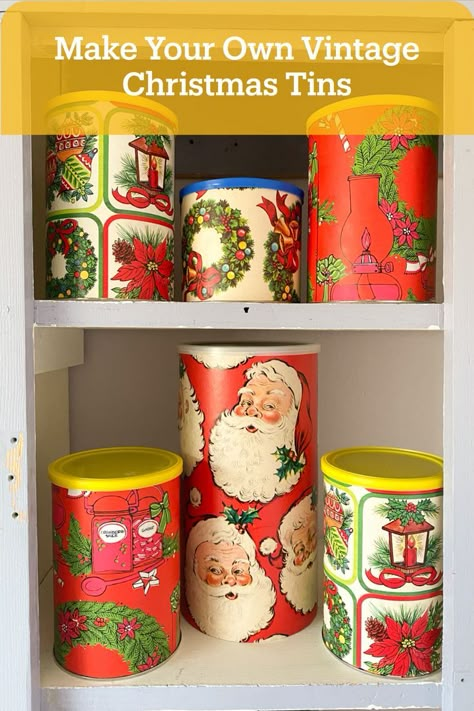 Who doesn’t love a vintage Christmas tin? Let’s make some ourselves by upcycling canisters into retro holiday decorations. We’ll wrap the recyclables in vintage wrapping paper to make them look like tins! This is an easy craft that anyone can DIY. You can use these tins as home decor or to put baked goods inside to give away as a holiday gift! Christmas Tin Can Crafts Ideas, Vintage Christmas Decorations Diy, Christmas In July Crafts, Diy Vintage Christmas, Christmas Ornaments Unique, Christmas Decor Diy Ideas, Vintage Tins Canisters, Christmas Holiday Crafts, Vintage Christmas Wrapping