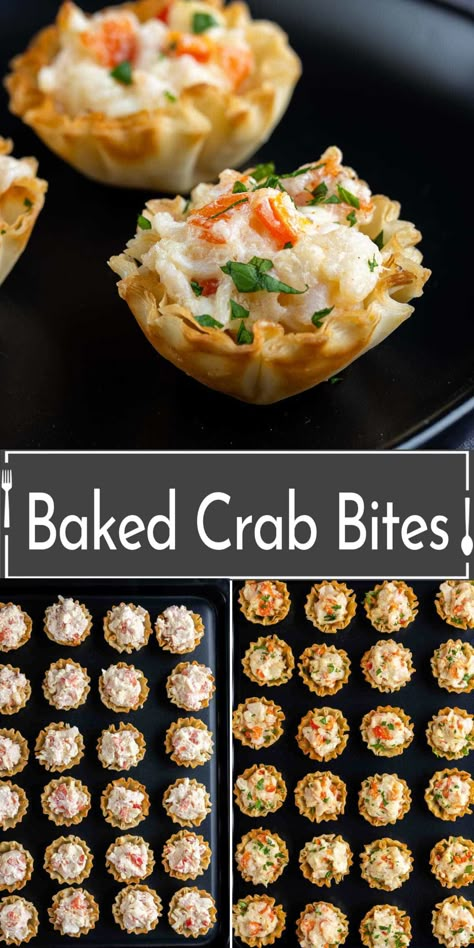 These easy Baked Crab Bites make for the ultimate bite-sized appetizer at parties. The combination of a creamy and savory crab filling with a light, crisp pastry makes them one of the perfect finger foods for parties. Delish Crab Cake Bites, Appetizer Recipes Crab, Fish Finger Food Ideas, Seafood Snackers Recipes, Lobster Puff Pastry Appetizers, Fish Hors D’oeuvres, Party Seafood Ideas, Wedding Appetizer Recipes, Crab Party Food