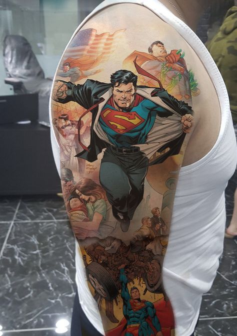 Superman Sleeve Tattoo, Superman Tattoo For Men, Superman Tattoo Design, Superman Tattoo Ideas, League Tattoo, Flash Tattoo Sleeve, Superman Tattoo, Alex Tattoo, Superman Tattoos