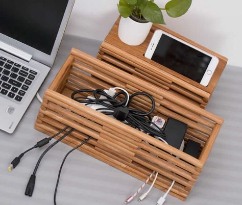 Bamboo Cable Management Box Organizer Diy Cable Management, Cable Management Ideas, Hide Computer Cords, Cable Organizer Box, Koti Diy, Cable Management Box, Diy Gadgets, Work Space Organization, Cable Box