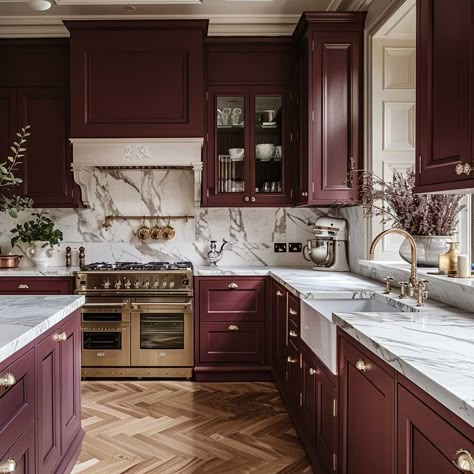 Mulberry Kitchen Cabinets, Burgandy Kitchen Cabinet, Maroon Cabinets Kitchen, Maroon Kitchen Ideas, Burgundy Cabinets Kitchen, Plum Kitchen Cabinets, Maroon Cabinets, Maroon Kitchen Cabinets, Red And Gold Kitchen