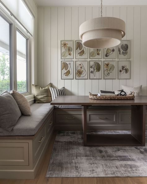 Looking forward to getting outside and enjoying all the gorgeous fall colours this weekend! 🍂 Photo featuring this custom dining nook that brings cozy colour tones in year round. Design @jaclynbecker.interiordesign Millwork @woodlandhorizon Styling @nestedhomeinteriors Custom Banquette Seating Kitchen Nook, Wooden Banquette Seating In Kitchen, Banquette Seating Against Window, Built In Kitchen Bench, Built In Kitchen Table, Built In Dining Bench, Built In Banquette Seating, Custom Banquette Seating, Built In Breakfast Nook