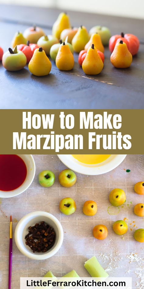 How to make homemade marzipan fruits made into adorable pears, apples and pumpkins, that are perfect for edible holiday gifts. Homemade Marzipan Recipe, Homemade Marzipan, How To Make Marzipan, Marzipan Candy, Apples And Pumpkins, Edible Holiday Gifts, Marzipan Recipe, Marzipan Fruit, Holiday Dessert Recipes