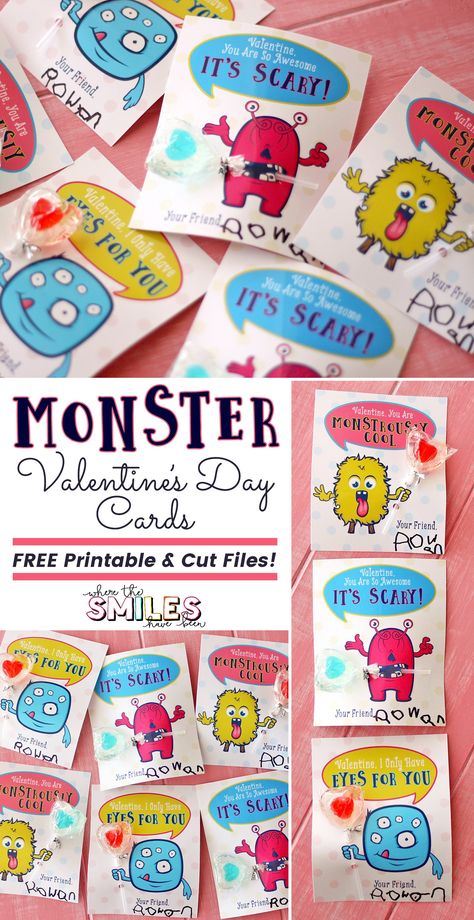 Monster Valentine's Day Cards + FREE Printable & Cut Files! Where The Smiles Have Been #ValentinesDay #monster #freecutfile #Silhouette #Cricut Monster Valentine, Monster Valentines, Printable Valentines Day Cards, Valentine Coloring Pages, John Hancock, Valentines Printables Free, Valentines Greetings, Valentine Coloring, Valentines Gifts For Boyfriend