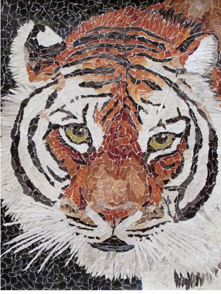 The Danger Lies Within tiger torn paper collage Tamara Jaeger Torn Paper Art, Tiger Art Lesson, Tiger Mosaic, Lion Mosaic Art, Mosaic Tile Art Animal, Parrot Mosaic Art, New Year Art, Newspaper Art, Wildlife Artwork