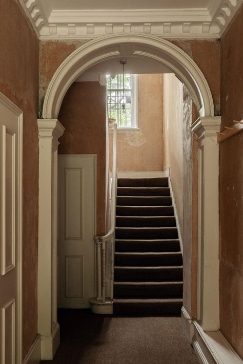 A Serene Period Home in London with Garden 21 Light Pink Walls, Small Galley Kitchen, Georgian Terrace, Dentil Moulding, Raised Patio, Dark Grey Kitchen, One Bedroom Flat, Off White Walls, Slanted Ceiling