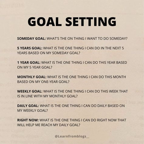 Goal Setting Plan SOMEDAY GOAL: WHAT'S THE ON THING I WANT TO DO SOMEDAY? 5 YEARS GOAL: WHAT IS THE ONE THING I CAN DO IN THE NEXT 5 YEARS BASED ON MY SOMEDAY GOAL? 1 YEAR GOAL: WHAT IS THE ONE THING I CAN DO THIS YEAR BASED ON MY 5 YEAR GOAL? MONTHLY GOAL: WHAT IS THE ONE THING I CAN DO THIS MONTH BASED ON MY ONE-YEAR GOAL? WEEKLY GOAL: WHAT IS THE ONE THING I CAN DO THIS WEEK THAT IS IN LINE WITH MY MONTHLY GOAL? DAILY GOAL: WHAT IS THE ONE THING I CAN DO DAILY BASED ON MY WEEKLY GOAL... Monthly Goal, 5 Year Plan, Personal Growth Plan, Weekly Goals, Relationship Questions, Monthly Goals, Daily Goals, Get My Life Together, Manifestation Board