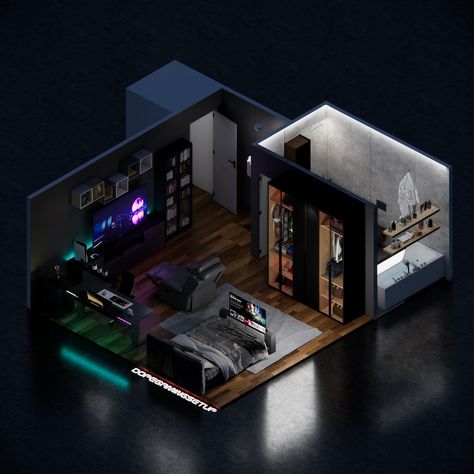 Dark theme Bedroom ♠️ Room size : 5.5x5.25 meters Project Location : Kuwait 🇰🇼 2024 @dopegamingsetup For design Enquiries visit the link in Bio ! #3Droom #gamingsetups #setupinspiration #setups #cleansetups #desksetup #setupgamer #darktheme #gamingroom #gamingroomdesign #darkbedroom #gamer #bedroomdesign #gamingbedroom Man House Decor Masculine Interior, Dark Themed Room, Gamer Apartment, Dark Theme Bedroom, Man House Decor, Dark Room Ideas, Gaming Living Room, Gaming Room Design, Gaming Bedroom Ideas