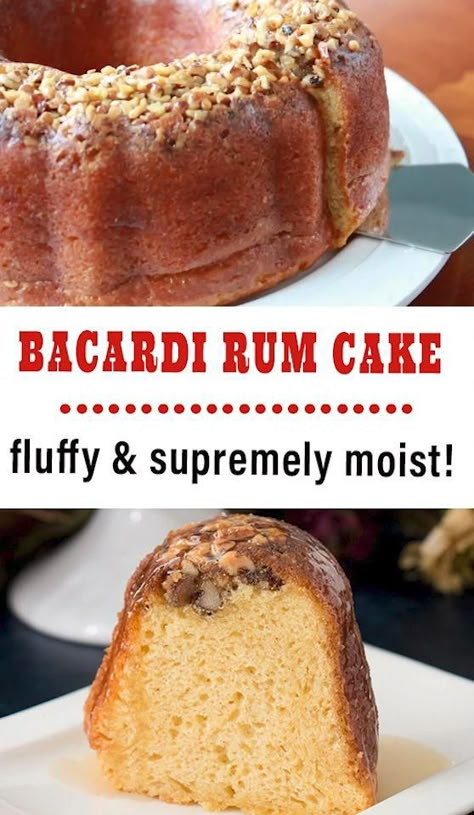 a slice of bacardi rum cake  and a video on how to make the cake Coconut Rum Cake Recipe Easy, Rumchata Pound Cake, Rum Cake Recipe Box Cake, Rum Bundt Cake Recipes, Rum Cake From Box Cake, Rum Cake Easy, Rum Cake Recipe From Scratch, Bacardi Rum Cake Recipe, Best Rum Cake Recipe