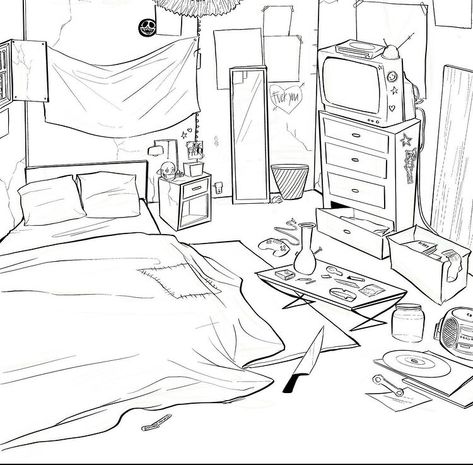 Messy Room Drawing Reference, Bedroom Top View Drawing, Bookshelf Drawing Reference, Bedroom Base Drawing, Messy Bed Drawing, Background Practice Reference, Bedroom Art Reference, Bed Perspective Drawing, How To Draw A Bedroom