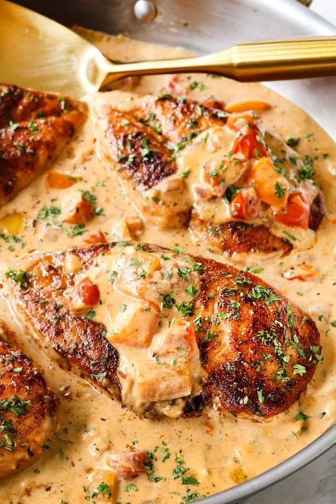 Cajun Chicken in Creamy Bell Pepper Parmesan Sauce + VIDEO! Cajun Chicken And Peppers, Cajun Sauce For Chicken, Creamy Cajun Sauce Recipe, Bell Pepper And Chicken Recipes, Chicken And Bell Pepper Recipes Healthy, Chicken And Bell Pepper Recipes, Cajun Chicken Sauce, Chicken Bell Pepper Recipes, Creamy Cajun Sauce