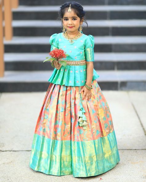 Kids lehangas Lehenga Design For Kids Girl, Pattu Langa For Baby Girl, Kids Langa Jacket Designs, Pattu Langa Designs For Kids, Latest Pattu Pavadai Designs, Pattu Pavadai Designs For Teenagers, Pattu Pavadai Designs For Kids, Lehenga Blouse Designs For Kids, Kids Pattu Langa Designs Latest