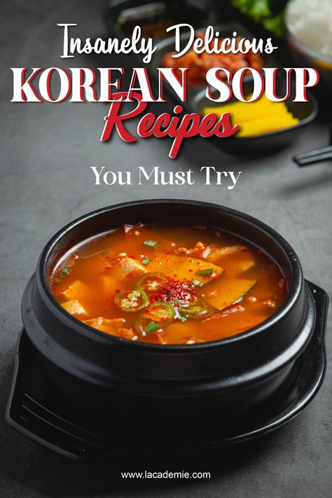 Korean soup recipes, one can expect to see a combination of bold flavors and hearty ingredients. From the fiery kick of kimchi stew to the mild and earthy taste of doenjang soup, these recipes showcase the rich culinary heritage of Korean cuisine. Meat or seafood serves as the main protein, while staples like gochujang, soy sauce, and mushrooms provide depth and richness. Korean Miso Soup Recipe, Korean Beef Soup Recipe, Spicy Korean Soup, Kimchi Soup Recipe, Korean Soup Recipes, Spicy Soup Recipes, Korean Food Side Dishes, Gochujang Recipe, Korean Dumplings