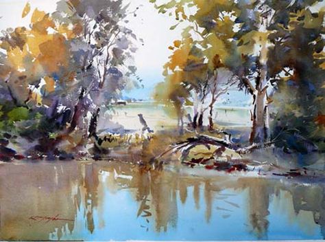 Taylor, David - Goulburn River Magic - Australia #design, #abstract, #fineart, #painting, #watercolor, #watercolour Portraits Pastel, Art Mini Toile, Landscape Painting Watercolor, Watercolour Landscapes, Watercolor Scenery, David Taylor, Watercolor Water, Watercolor Landscapes, Watercolor Tree