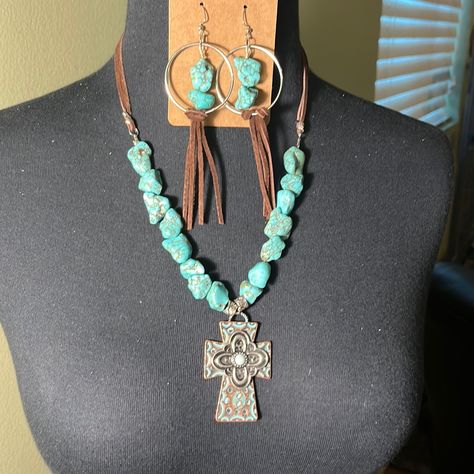 With Turquoise And Silver Cross Pendant Country Jewelry Necklaces, Jean Jewelry, Vintage Turquoise Jewelry, Cord Necklaces, Turquoise Cross Pendant, Leather Necklaces, Floral Statement Necklace, Western Clothes, Beaded Things