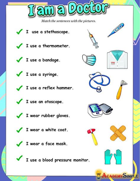 #academysimple, #worksheets, #printable, #primaryschool, #elementaryschool, #academia, #kidsactivities, #activitiesforkids, #homeschooling, #educationalresources, #download, #pdf, #practice, #learning, #education, #grade3english #englishworksheets #vocabulary #words #nouns #doctors #doctortools English Words Vocabulary, Words Vocabulary, Doctor For Kids, Christmas Tree Coloring Page, Sentence Starters, Tree Coloring Page, Vocabulary Worksheets, Reading Worksheets, Blood Pressure Monitor