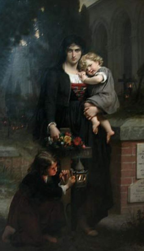 "All Souls Day @ Camposanto, Pisa" by Pierre-Auguste Cot. 1872, oil on canvas. In the collection of The Appleton Museum, Ocala, FL. Depicts a widow and her two children at the grave of her husband. The same subject was painted by William-Adolphe Bouguereau in 1859. The woman in this painting is reminiscent of the one in  Hugues Merle's "The Scarlet Letter" (1861) at The Baltimore (MD) Museum of Art. Pierre Auguste Cot, William Adolphe Bouguereau, All Souls Day, Academic Art, Pierre Auguste, Pre Raphaelite, Classic Paintings, French Art, Mother And Child