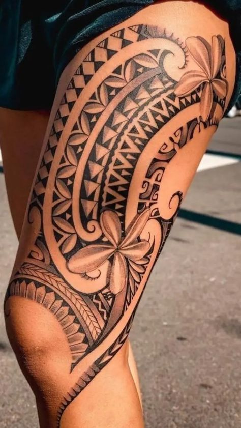 Hawaiian Leg Tattoo, Maori Tattoo Frau, Polynesian Leg Tattoo, Leg Band Tattoos, Flower Leg Tattoos, Leg Tattoo Ideas, Polynesian Tattoos Women, Hawaii Tattoos, Full Leg Tattoos