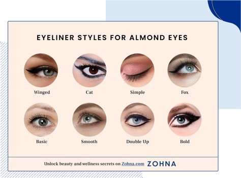 Calling all almond-eyes! Figure out which winged eyeliner looks best for your eye shape in this eyeliner styles for almond eyes chart. Eyeliner Looks For Almond Eyes, Upturned Eyes, Eyeliner For Almond Eyes, Mocha Color Hair, Almond Eye Makeup, Mocha Hair, Eyeliner Shapes, Makeup Looks For Green Eyes, Almond Shaped Eyes