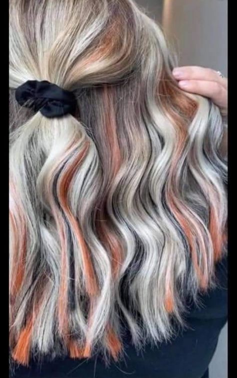 Blonde Hair With Orange, New Fall Hair Colors, Halloween Hair Styles, Western Hair, Fall Blonde Hair, Peekaboo Hair, Black Highlights, Dyed Hair Inspiration, Pretty Hair Color