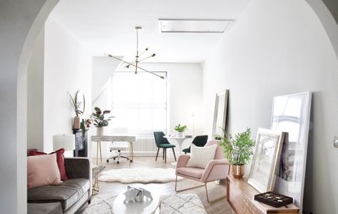 Topology Interiors | Style Files House Tour No.52 : Emma Miller's Pad | Portfolio Project, Cool Room Designs, Youtube Sensation, Gold Chair, White Living, White Living Room, Living Room Spaces, Dining Table Marble, Living Room Design