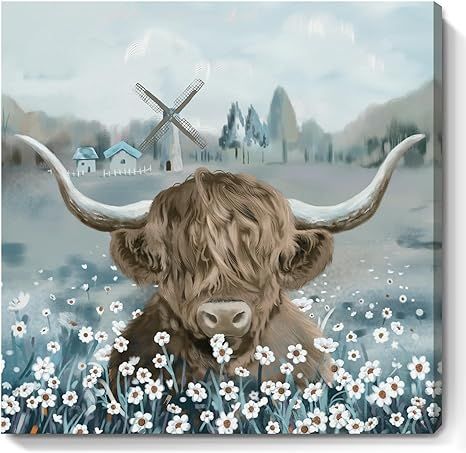 Highland Cow Bathroom Wall Art Rustic Farmhouse Picture Cute Cattle in the White Daisy Flower Bush Animal Canvas Print Painting Framed Artwork for Kitchen Bedroom Living Room Office Decor 14x14inch Highland Cow Bathroom, Cute Cattle, Cow Bathroom, Artwork For Bedroom, Farmhouse Pictures, Flower Bush, White Daisy Flower, Bathroom Wall Decor Art, Farmhouse Paintings