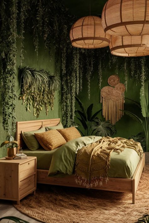 Transform your bedroom into a modern jungle retreat with deep green walls, cascading greenery, and wooden furniture. Add golden-hued bedding, boho accents, and oversized rattan lights for a nature-inspired yet contemporary look. #JungleRetreatBedroom #ModernBohoDecor #GreenBedroomIdeas #NatureInspiredDesign #BohoJungleAesthetic #RattanDecor #LushGreenInteriors #TropicalBedroomVibes #GoldenHues #UrbanJungleStyle Green Leafy Bedroom, Jungle Themed Bedroom Adult, Jungle Theme Bedroom For Adults, Grass Wall Bedroom, Deep Green Walls, Forest Bedroom Aesthetic, Rainforest Room, Plant Bedroom Aesthetic, Rattan Lights