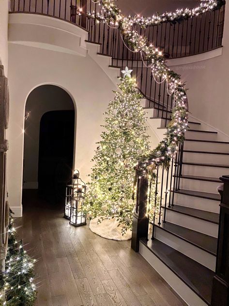 New Entryway Christmas Decor - My Texas House Christmas Decor Big House, Christmas Tree Under Stairs, Christmas Tree In Foyer Entryway, Entry Way Christmas Trees, Spiral Staircase Christmas Decor, Entryway Christmas Tree, Foyer Christmas Tree, Christmas Tree Entryway, Christmas Foyer Decor