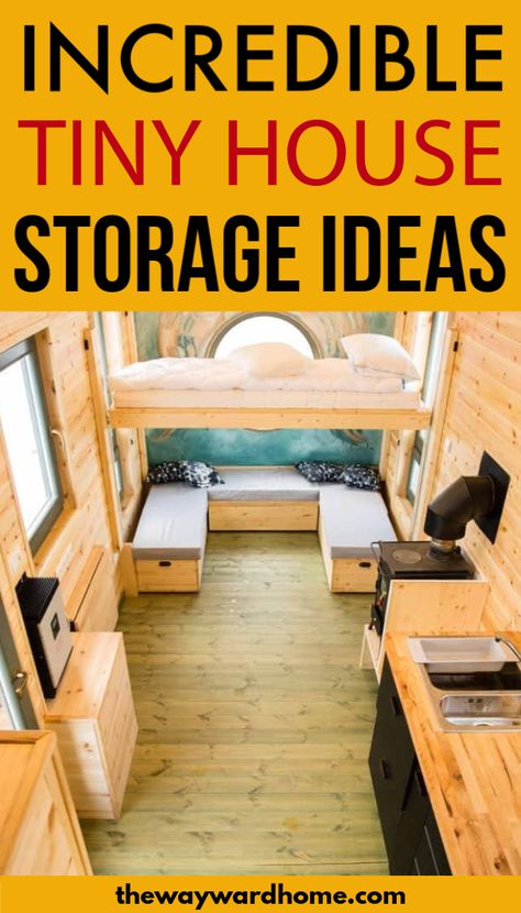 Tiny House Loft Storage Ideas, Tiny House Ideas For Families, Tiny Cabin Storage Ideas, Tiny Home Storage Ideas Bedroom, Mini House Storage Ideas, Tiny House Shelves, Tiny Living Ideas Tips, Compact Storage Ideas, Tiny House Design Ideas