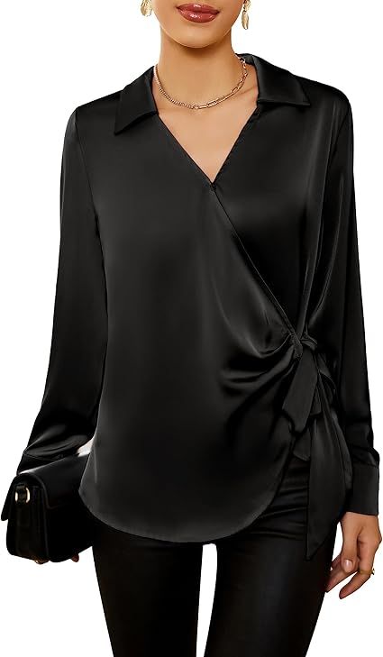 GRACE KARIN Women's Satin Silk Blouses Wrap V Neck Shirts Long Sleeve Elegant Tie Waist Office Formal Work Tunic PulloverTops at Amazon Women’s Clothing store Silk Shirt Women, Satin Blouse Long Sleeve, Collar Work, Silk Tunic Top, Shiny Texture, Silky Shirt, V Neck Shirts, Formal Tops, Fitted Tunic