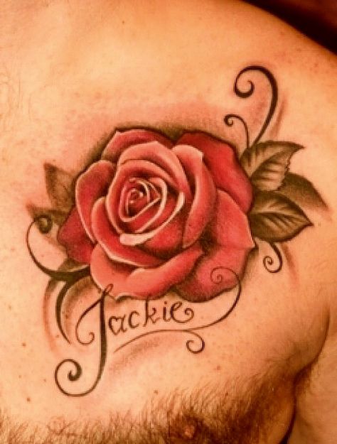 I LOOOOOOOVE THIS ROSE!!! The COLOR! The DIMENSION! And I LOOOOOVE how the leaves are kinda sepia-toned. FAN-TABULOUS!!! My Name Tattoo, A Rose Tattoo, Rose Vine Tattoos, Rose Tattoo With Name, Rose Tattoos For Men, Omerta Tattoo, Flower Tattoo Shoulder, Skeleton Hand Tattoo, Vine Tattoos