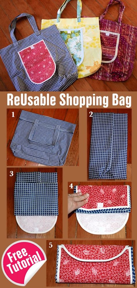 ReUsable Shopping Bag Tutorial Folding Grocery Bags Tutorials, Reusable Shopping Bags Diy, Fabric Bag Patterns, Handbag Patterns Free, Shopping Bag Tutorial, Sew Tote Bag, Shopping Bags Diy, Folded Bag, Free Bag Patterns